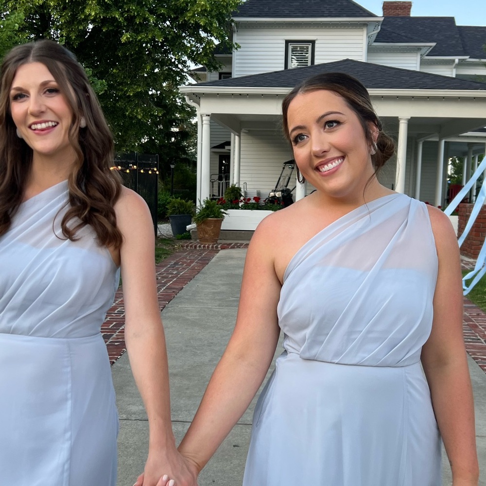 Birdy Grey One-Shoulder Bridesmaid Dresses in ice blue